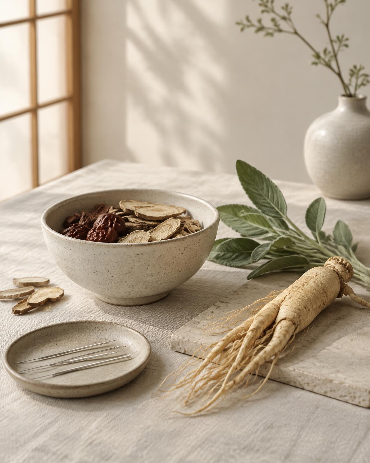 Herbal medicine and acupuncture needles on linen